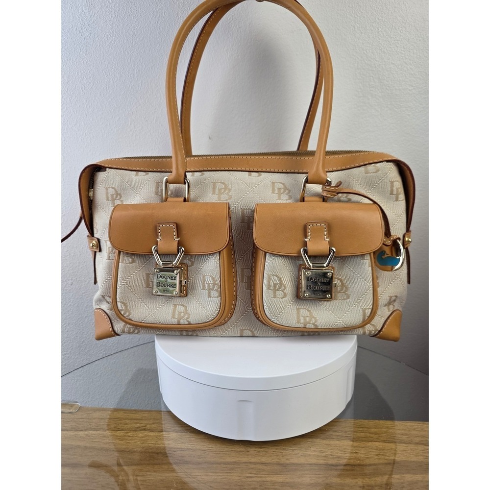 Dooney & Bourke Signature Monogram Canvas Satchel Tan Leather Trim Bag